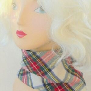 Neckwarmer White Tartan  Recycled Kilt Red Blue Wool Plaid Reversible Hand Made